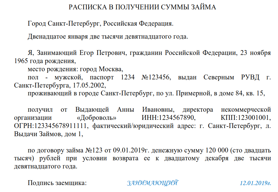 Расписка образец в получении денег по договору займа